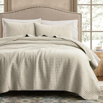 WDCOZY 100% Cotton Twin Size Quilt Set, Channel Pick Stitch, Light Beige
