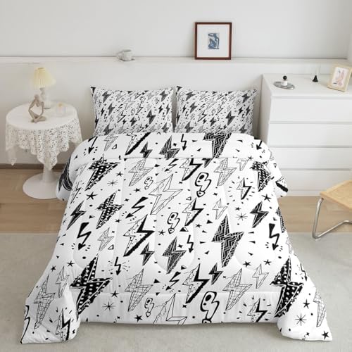 Homewish Gaming Comforter Set Full,Boys Lightning Strike Graffiti Bedding Set for Kids Teens Gamer Room Decor,Cartoon Natural Warning Quilt Set Modern Cool Duvet Insert 3pcs,2 Pillowcases,White