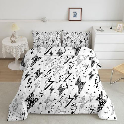 Homewish Gaming Comforter Set Full,Boys Lightning Strike Graffiti Bedding Set for Kids Teens Gamer Room Decor,Cartoon Natural Warning Quilt Set Modern Cool Duvet Insert 3pcs,2 Pillowcases,White