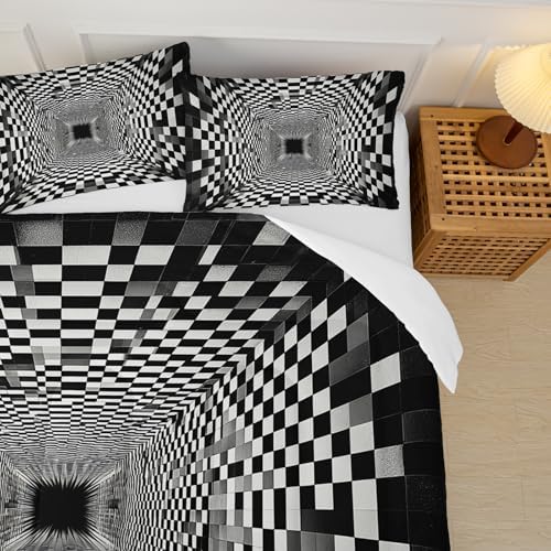 3D Black and White Geometric Pattern Comforter King Size，Black and White Checkered Bedding Set King，with 1 Comforter with 2 Pillow Case，Checkered Bedroom Decor