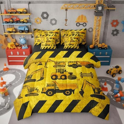 Erosebridal Kids Construction Twin Size Comforter Set, Boys Cartoon Car 7-Piece Bed in A Bag, Cartoon Machinery Truck Sheets and Pillowcases, Yellow Tractor Excavator Bedding Set Room Decor