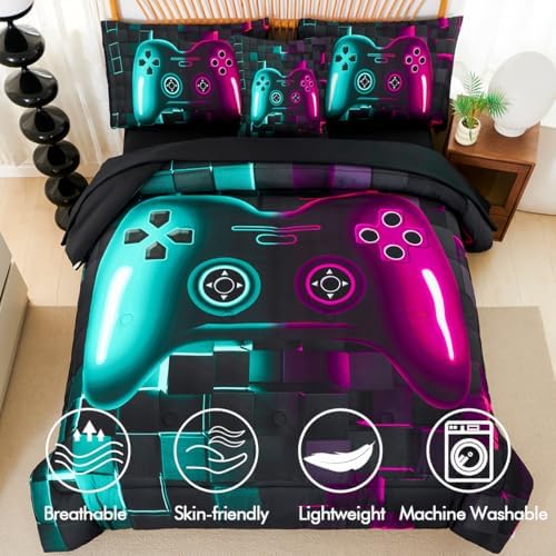 PERFEMET Game Boys Twin Bedding Sets 6 Pieces Purple Teal Gaming Comforters