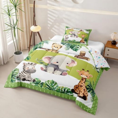 Feelyou Cartoon Animals Comforter Set Toddler Size Cute Elephant Zebra Leopard Giraffe Bedding Set for Kids Boys Girls Palm Leaves Duvet Quilt Bedroom Decor Microfiber 2 Pcs with 1 Pillow Case