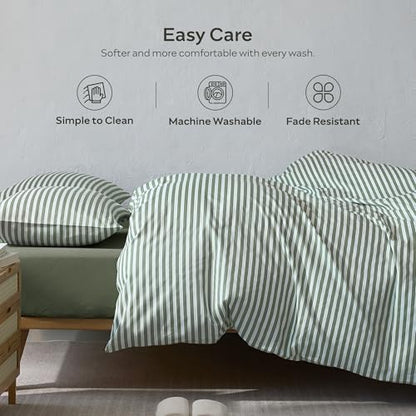 JELLYMONI 100% Cotton Printed Striped Twin Duvet Cover Set, Green