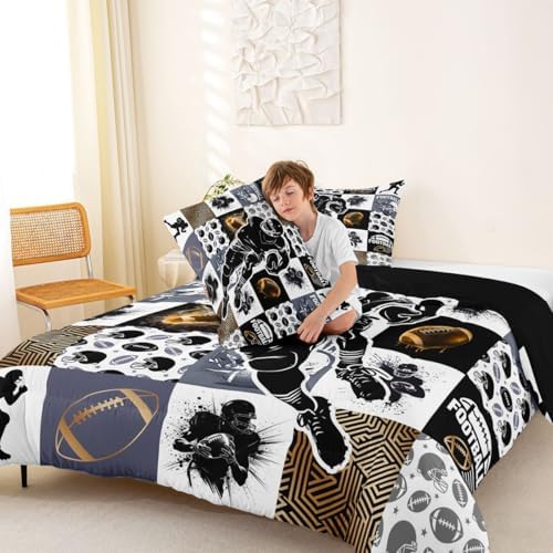 Erosebridal Football Sports Kids Comforter Set | Geometric Patchwork Bedding King,Rugby Down Comforter 3D Ball Game Duvet Set for Bedroom