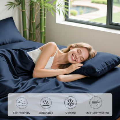 Love's cabin 4 Piece Full Size Sheet Set, 100% Rayon Derived from Bamboo, Cooling & Breathable, Soft Silky Deep Pocket up to 16", Hotel Luxury Bedding for Hot Sleepers, Navy