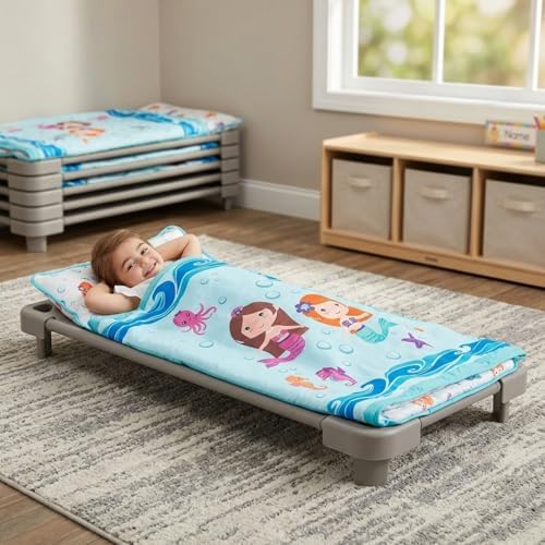 EVERYDAY KIDS Toddler Nap Mat with Removable Pillow -Underwater Mermaids- Carry Handle with Fastening Straps Closure, Rollup Design, Soft Microfiber for Preschool, Daycare Sleeping Bag, Ages 2-6 years