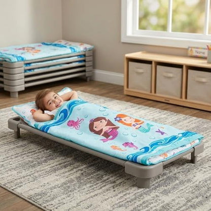 EVERYDAY KIDS Toddler Nap Mat with Removable Pillow -Underwater Mermaids- Carry Handle with Fastening Straps Closure, Rollup Design, Soft Microfiber for Preschool, Daycare Sleeping Bag, Ages 2-6 years