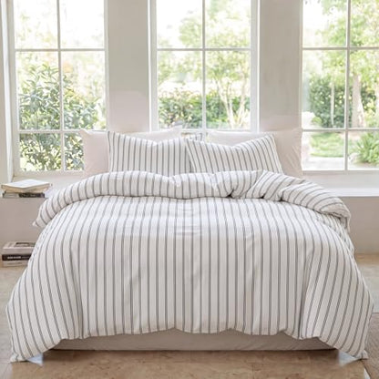 Bedbay Cotton Striped Duvet Cover Set Queen Size, Black White Stripe Bedding Set, 100% Cotton Sateen,Soft Breathable Hotel Style Minimal Comforter Cover with Zipper Closure & Corner Ties