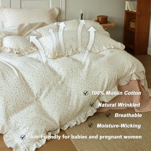 VM VOUGEMARKET Cream Duvet Cover Queen with Tiny Flower Pattern Soft Muslin Cotton Bedding Set with Ruffles,Soft,Breathable Linen Like Gauze Comforter Cover with Zipper Closure 90"x90"