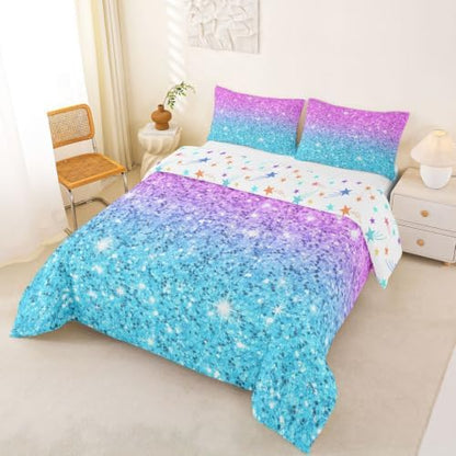 Colorful Glitter Bedding Twin Girly Turquoise Teal Blue Pink Pastel Girls Comforter Set 2 Pcs Trendy Quilt Duvet for Kid Women Down Comforter with Sparkle Sequin Pattern Bling Bedroom Decor Bed Cover