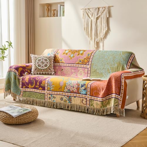 VANJOROY King Boho Throw Blanket, 100% Organic Cotton Breathable Skin-Friendly Ultra Soft 91" x 98" Bed Patchwork Throw - Floral Rustic Luxury Reversible Blanket for Sofa Couch Chair and Gift