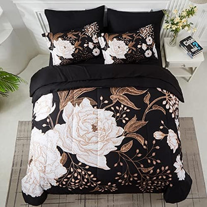 Yogeneg 7 Piece Bed in a Bag Full Size Comforter Set Botanical Floral Bedding Set,White Flower Leaves Printed on Black Reversible Design,Soft Microfiber Comforter with Sheet Set,All Season(Black,Full)