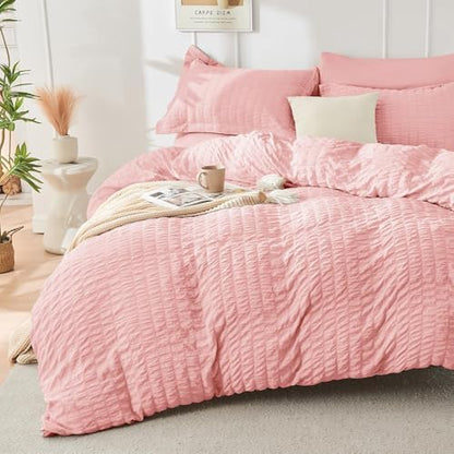 HYMOKEGE Rose Pink California King Comforter Set Seersucker 7 Pieces, All Season Luxury Bed in a Bag for Bedroom, Bedding Set with Comforter, Sheets, Pillowcases & Shams