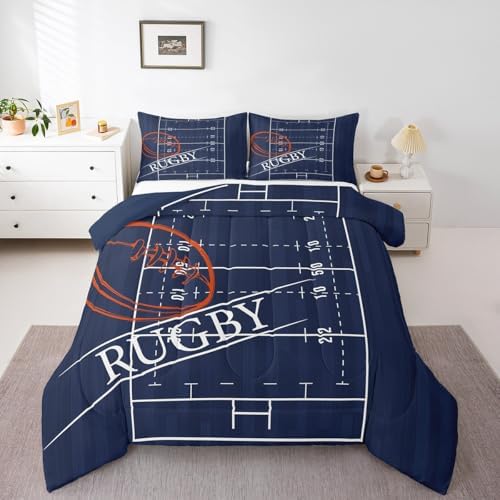 Erosebridal Kids Sports Bedding Full Size for Boys Soccer Comforter Set, Navy Reversible Duvet Insert Ball Game Quilt Set, Rugby Field Bedding Comforters & Sets, Lightweight Cozy