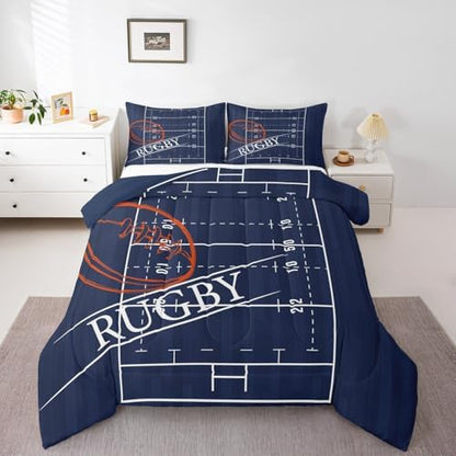 Erosebridal Kids Sports King Size Comforter Set for Boys Soccer Bedding Set, Navy Reversible Down Comforter Ball Game Bed Set, Rugby Field Quilted Duvet, Lightweight Cozy