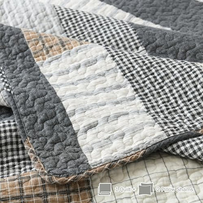 Y-PLWOMEN 100% Cotton Quilts Queen Size Farmhouse Striped 3-Pieces Bedding