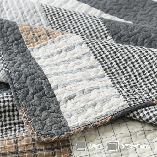 Y-PLWOMEN 100% Cotton King Size Quilt Farmhouse Striped 3-Pieces Bedding