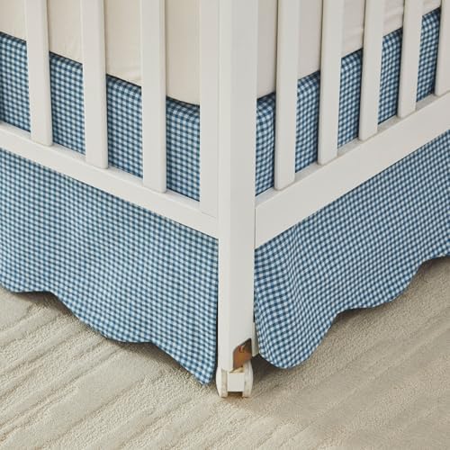 Brandream Scallop Edge Cotton Crib Skirt Toddler Bedskirt Baby Nursery Crib Bed Skirt Boho Bohemian Neutral Solid Color Farmhouse Chic Vintage Blue Gingham Bohemian Nursery Decor Skirt