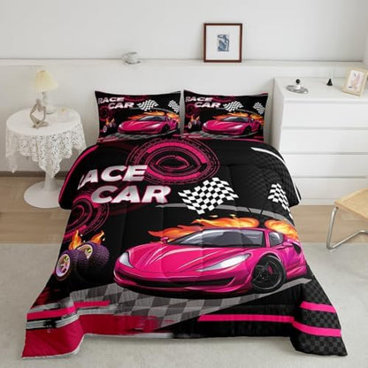 Feelyou Kids Rose Pink Race car Comforter Set Twin Size Speed Sports Car Bedding Set Boys Girls Automobile Racing Car Quilt Set Extreme Sports Theme Bed Set