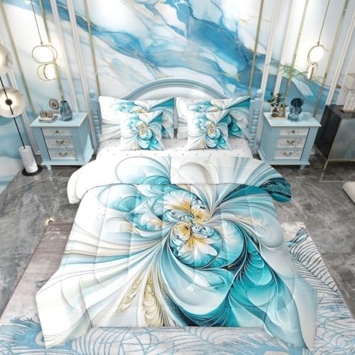 Erosebridal Marble Texture Comforter Set Full Size,Abstract Floral Bedding Set for Kids Teens,Teal Gradient Tie Dye (Comforter+Fitted+Flat Sheet+2 Pillowcases+2 Throw Pillow Covers) 7 Pieces Bed Set