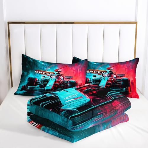 Race Car Comforter Full Size,Race Car Kids Comforter Set,3Pcs Bedding Set Printed Comforter with 2 Pillowcases,Down Alternative,Soft and Lightweight,for All Seasons