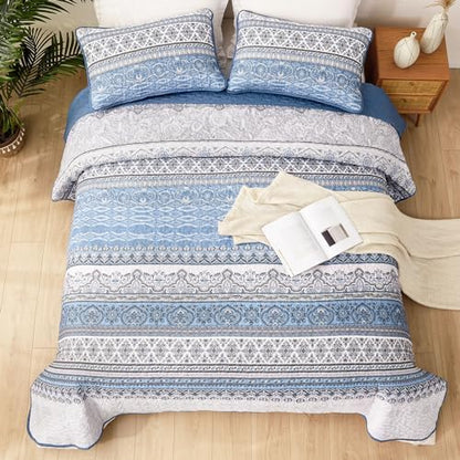 WONGS BEDDING Boho King Quilt Bedding Set, 3 Pieces Bedspread, Light Blue