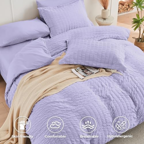HYMOKEGE Light Purple Full Size Comforter Sets Seersucker 7 Pieces, All Season Luxury Bed in a Bag for Bedroom, Bedding Set with Comforter, Sheets, Pillowcases & Shams