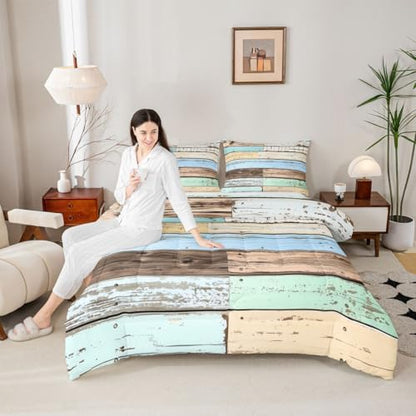 jejeloiu Colorful Wood Grain Comforter Set All Season Retro Farmhouse Bedding Set with 1 Pillow Cases Modern Abstract Microfiber Kids Toddler Bedclothes Rustic Cabin Country Bedroom Decor Duvet Quilt