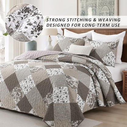 HIARUO Quilt Set King Size 3 Pieces Floral Patchwork Comforter Bedspread Boho Plaid Coverlet Reversible Lightweight Farmhouse Bedding with 2 Pillow Covers Shams for All Season, Brown