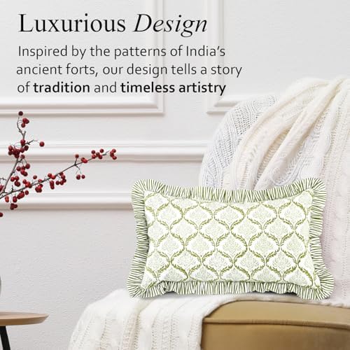 CPC Block Print Fern Regal Ruffle Cotton Lumbar Pillow Cover 12x20 inch