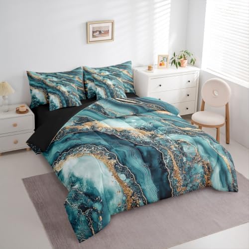 Erosebridal Marble Comforter Set Full Size,Abstract Marble Texture Bedding Set for Kids Teens,Fluid Ink Art (Comforter+Fitted+Flat Sheet+2 Pillowcases+2 Throw Pillow Covers) 7 Pieces Bed Set
