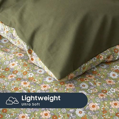 Wake In Cloud - Floral Comforter Set, Cute Vintage Flower Cottagecore Aesthetic for Women Teen Girls, Soft Lightweight Dorm Bedding, 3 Pieces, Olive Green, Queen Size