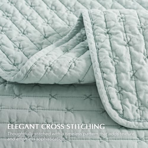 EVERGRACE 100% Cotton Cross Stitch 3-Piece Quilt Set, Queen, Seafoam Aqua