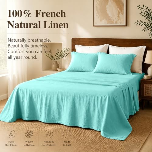 MEISHANG 100% French Linen Sheets Queen,4 Pcs,16" Deep Pocket