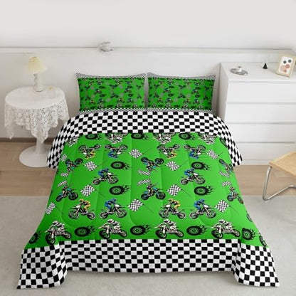 Feelyou Dirt Bike Comforter Set All Season Racing Motocross Rider Bedding Set with 2 Pillow Cases Motorbike Kids Queen Bedclothes Extreme Sports Decor Motorcycle Duvet Quilt Soft Lightweight