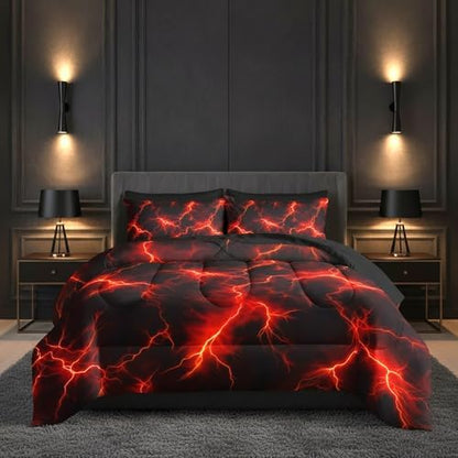QOOMO Red Lightning 7 Pieces Comforter Set Queen,Neon Bedding Set for Kids