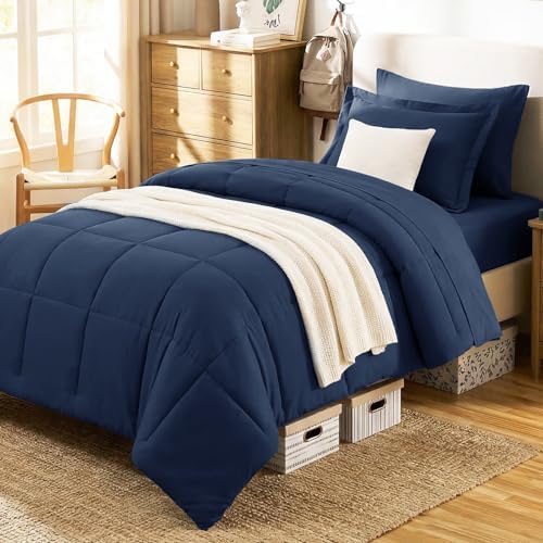 CozyLux Twin Comforter Set, 5-Piece Bed in a Bag, Navy Blue