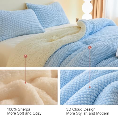 LLanCL 3D Jacquard Design Comforter Set, Ultra-Soft Warm Queen Size Sherpa Fur Plush 3-Pieces Sets Luxury Cozy Bedding with 2 Pillowcases (90"x90", Light Blue)