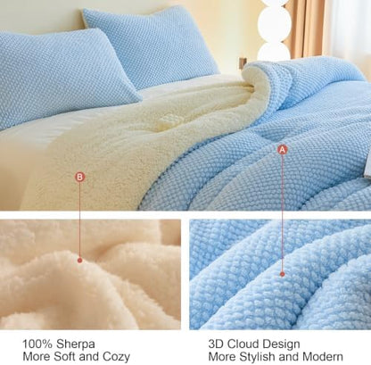 LLanCL 3D Jacquard Design Comforter Set, Ultra-Soft Warm King Size Sherpa Fur Plush 3-Pieces Sets Luxury Cozy Bedding with 2 Pillowcases (104"x90", Light Blue)