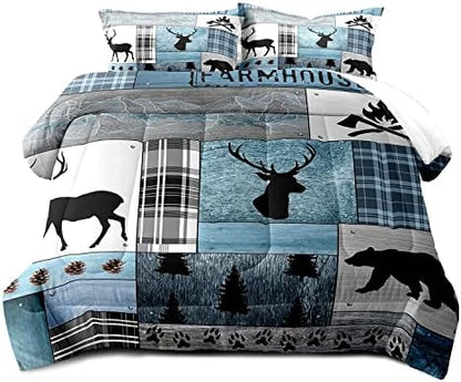 LUVIVIHOME 3PCS Rustic Cabin Comforter Set King Size, Farmhouse Bedding, Black Bear Deer Elk Moose Forest Animal Wildlife Hunting Country Lodge Blue Buffalo Plaid Patchwork Quilt, 2 Pillow Shams
