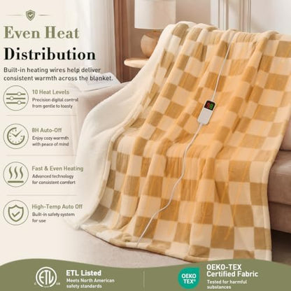 Heated Blanket Electric Throw 50"X60", Heating Blanket Throw, Brown