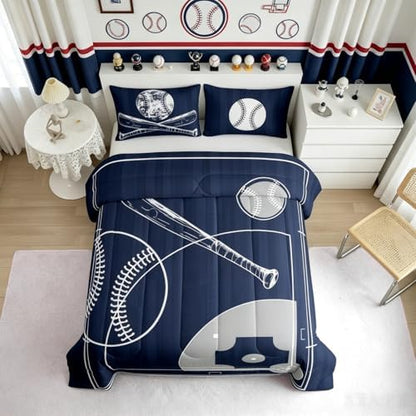 Erosebridal Kids Baseball Queen Size Comforter Set for Boys Girls Sport Bedding Set, Baseball Printed Reversible Down Comforter Navy Blue Grey Bed Set, Ball Gaming Quilted Duvet