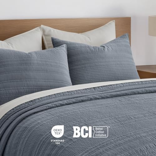 EVERGRACEHOME 100% Cotton Modern Lines Quilt Set King Size, Smoky Blue
