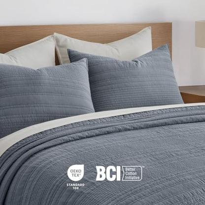 EVERGRACEHOME 100% Cotton Modern Lines Quilt Set King Size, Smoky Blue