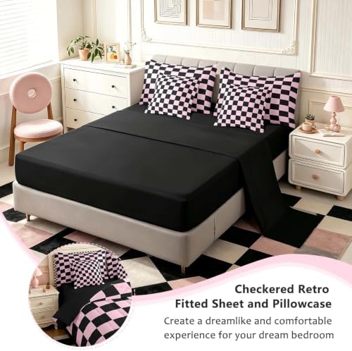Feelyou Checkered 7 Piece Bedding Set Teen Pink Black Plaid Comforter Set with Sheets King Size Kids Boys Cute Retro Neutral Checkerboard Geometric Bed in a Bag Vintage Aesthetic Room Decor