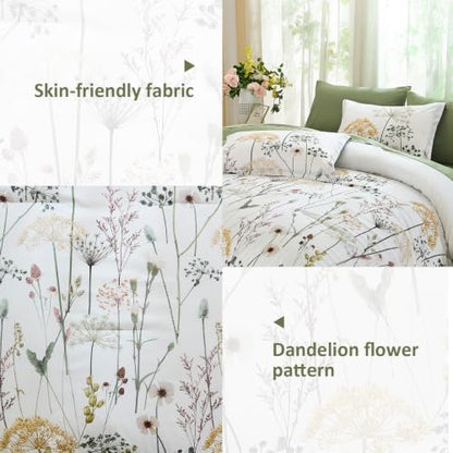 Yiran King Comforter Size Set, 7 Piece Green Dandelion Floral Bed in a Bag