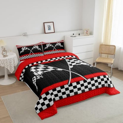 Castle Fairy Race Car Themed Full Size Comforter Set,Black White Checkered Flag Print Bedding Comforters Bedroom Collection,Red Stripes Geometric Grid Plaid Bedding Set for Girls Teens