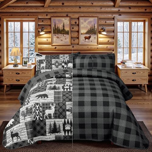 3 Piece Cabin Full/Queen Quilt Sets Farmhouse Rustic Reversible Microfiber Soft Lightweight Bedspread Comforter with 2 Shams Patchwork Country Lodge Bedding Quilts Set for All Season, 90''x96'' , Grey