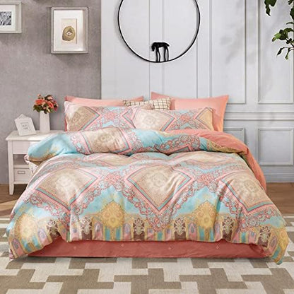 SAPHREAS Twin Size Bohemian Duvet Cover Set 2pcs Pink Cotton Boho Bedding Comforter Cover Set Blue 1 Duvet Cover 1 Pillow Sham